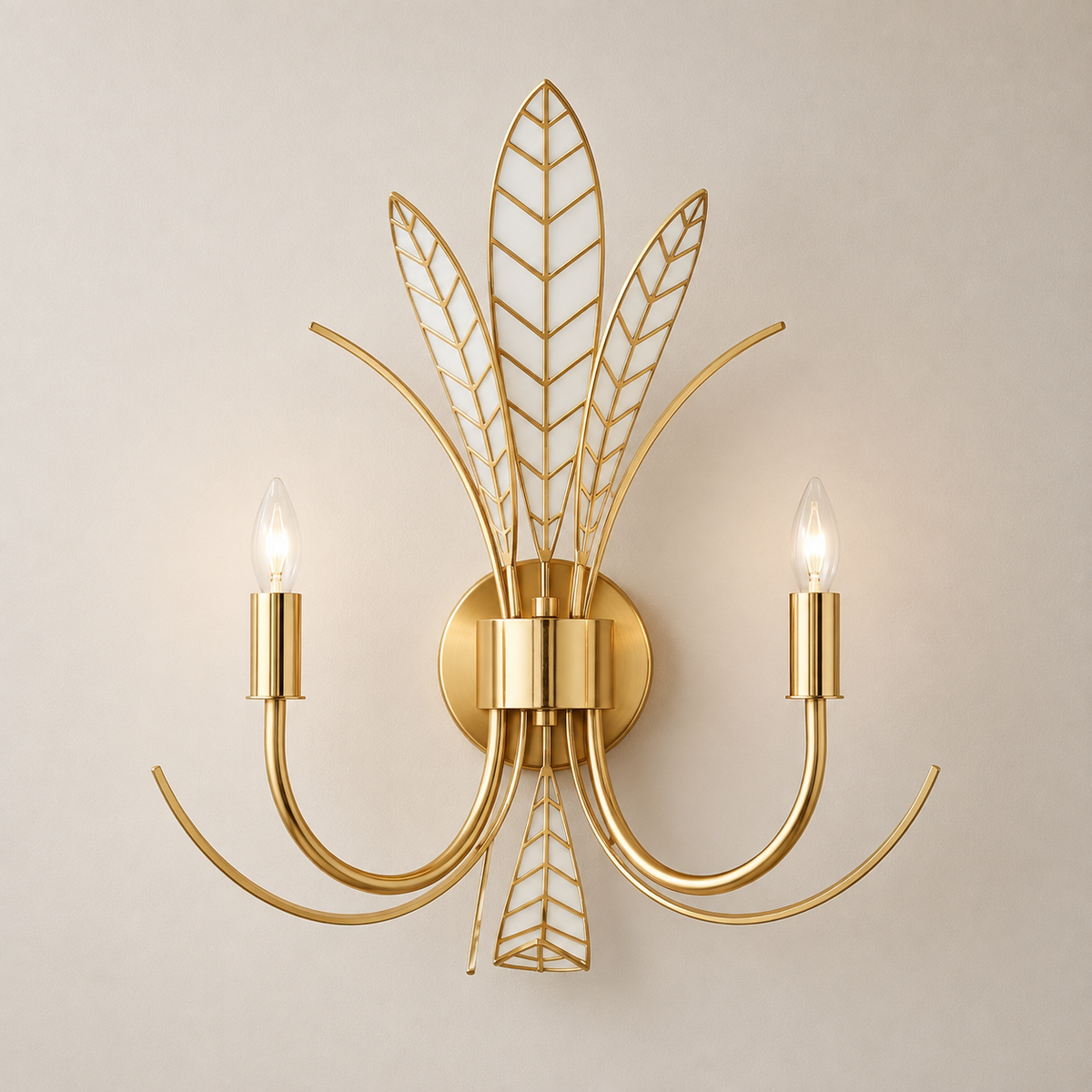 Gold 18.5-inch wall sconce with Antique Brass leaf accents