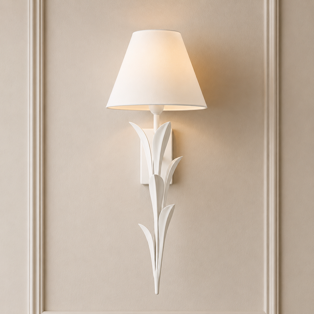 White 20-inch LED wall sconce with linen shade