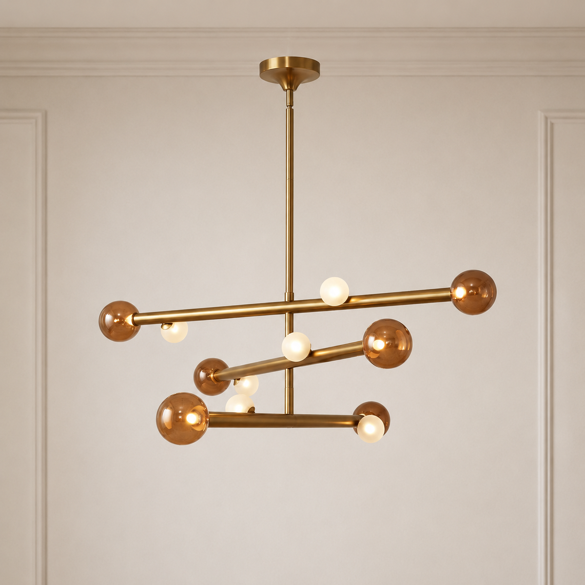 Gold 47.5-inch LED chandelier with Amber Glass shades
