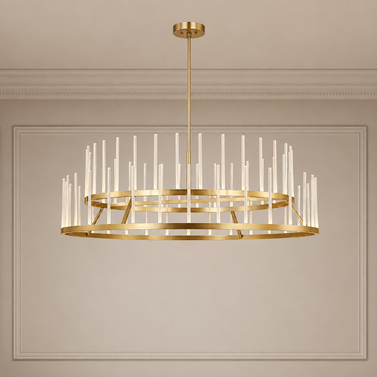 60-Inch Gold LED Chandelier with Etched Crystal Tapers and Brass Frame