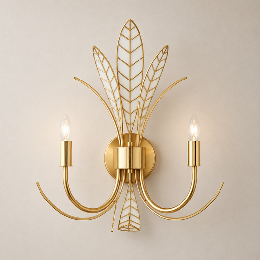 18.5-Inch Radiant Gold Wall Sconce with Antique Brass Leaf Accents & Twin-Light Design