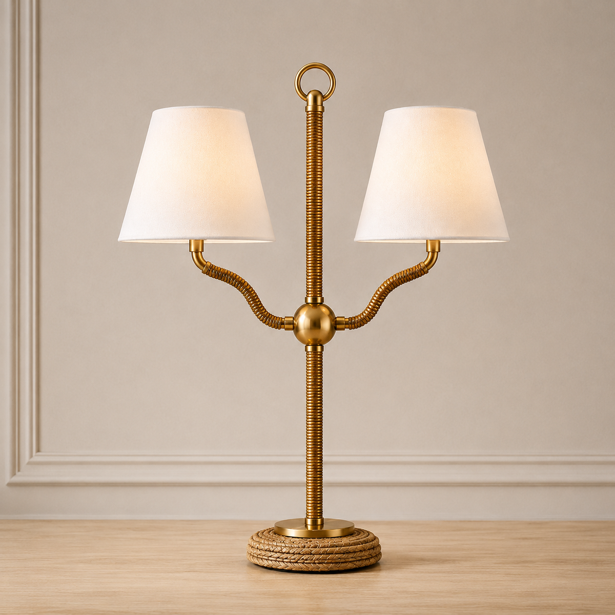 Gold 22-inch desk lamp with wood body and jute rope
