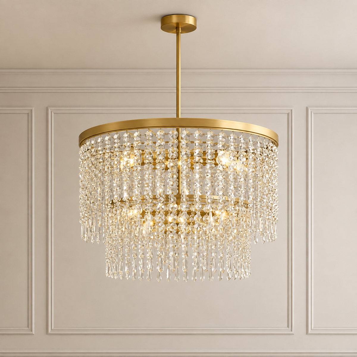 Gold 30-inch LED chandelier with amber crystal strands
