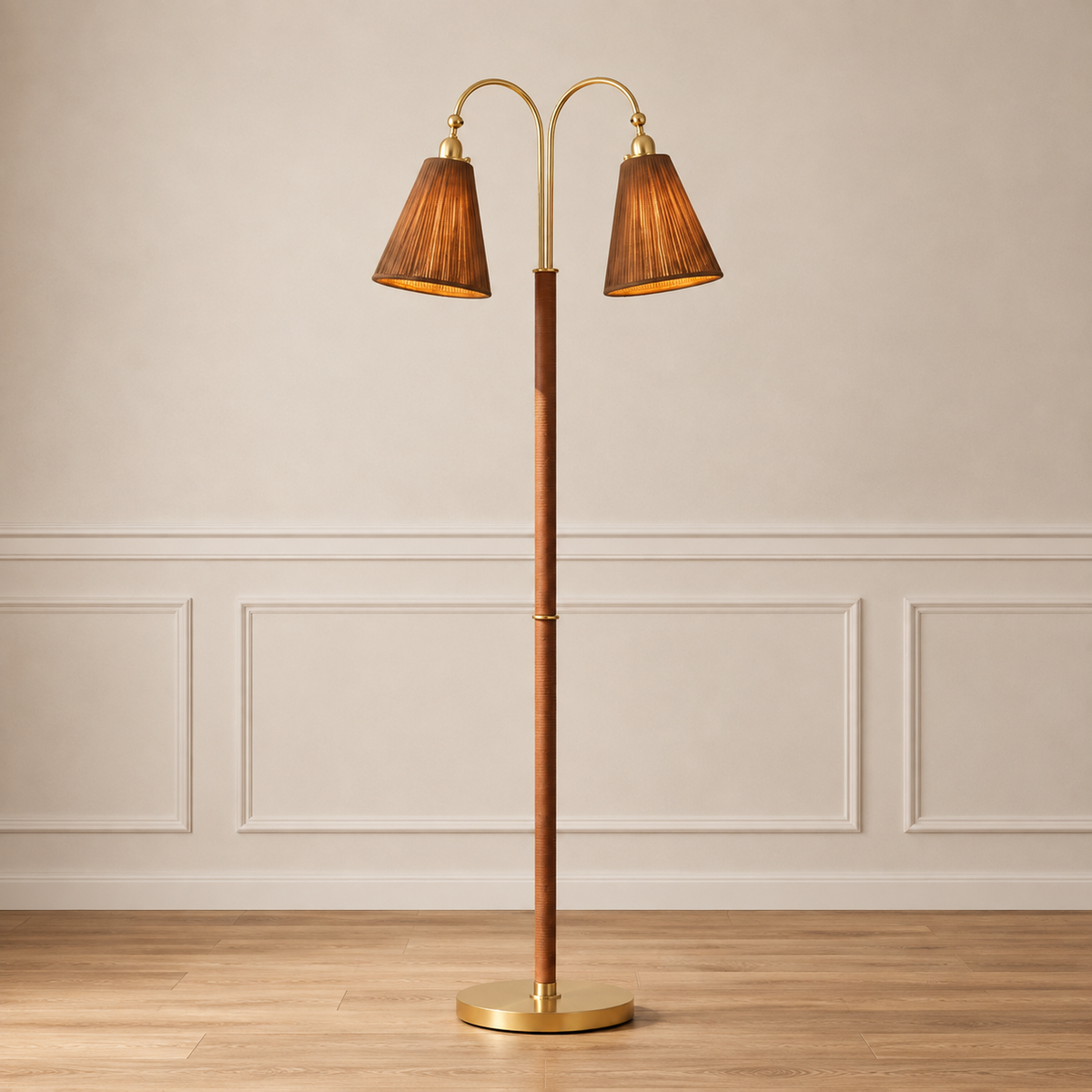 Gold 60-inch floor lamp with natural rattan shades