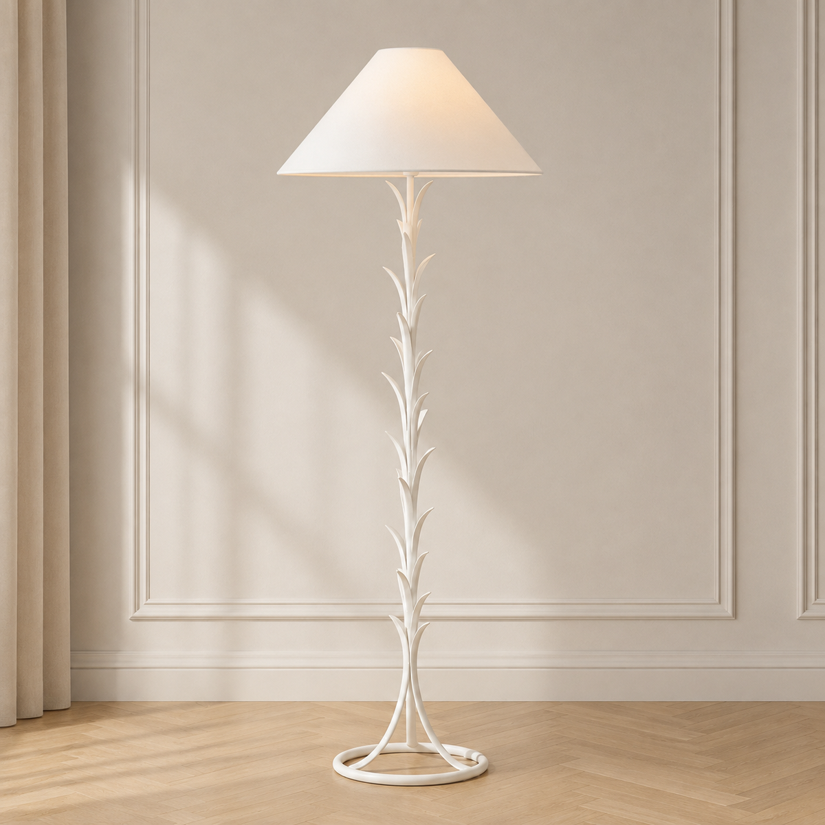 White 62-inch LED floor lamp with linen shade