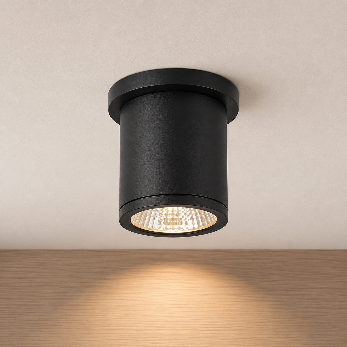 Black LED cylinder ceiling mount with clear glass