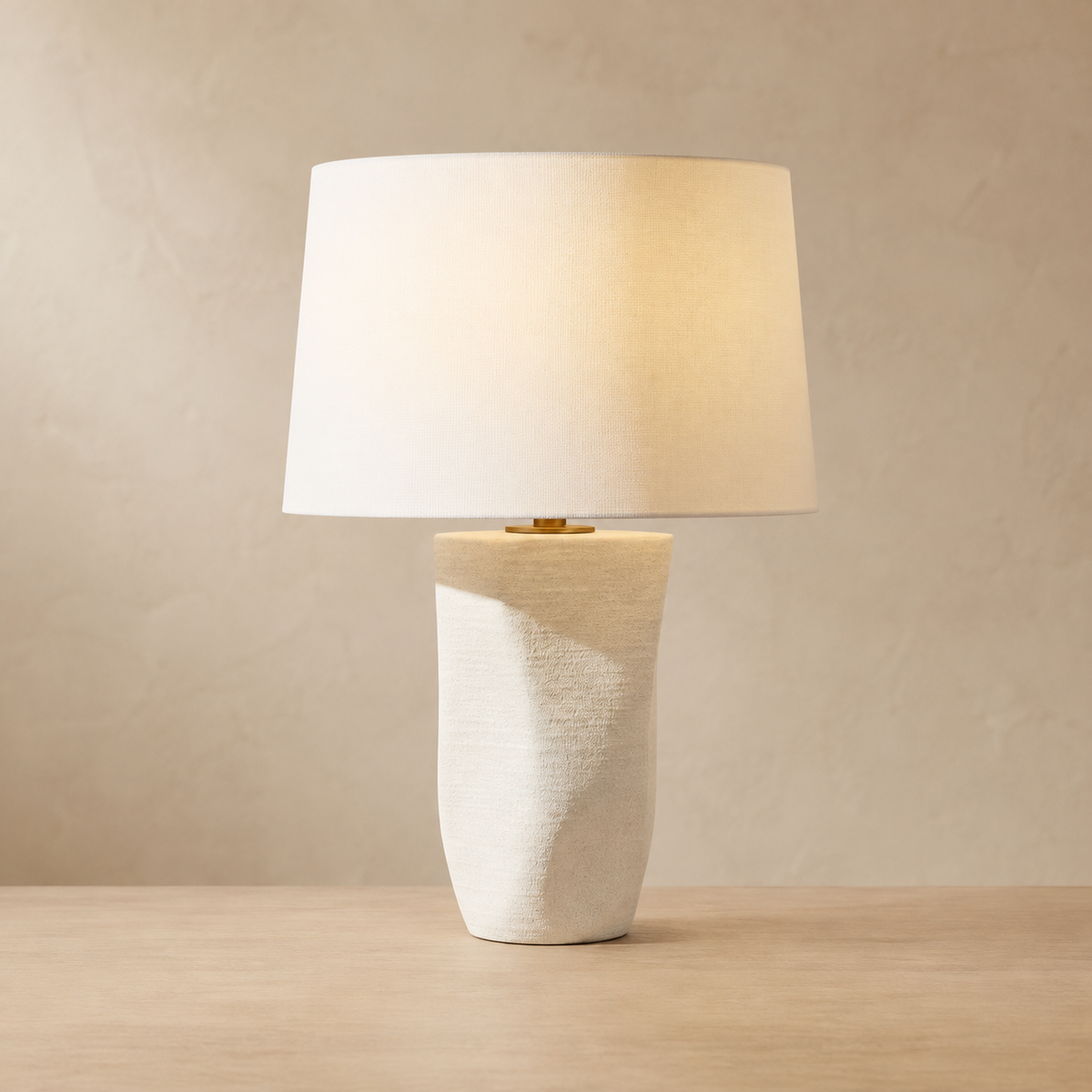 White ceramic table lamp with wheat linen drum shade